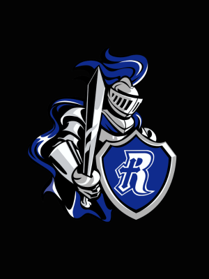 Knight mascot holding sword and shield with "R" logo